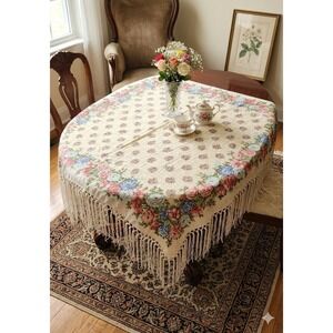 Artisan Hand-Tied Fringe Swiss Dot Floral 42x42 Table Topper Throw Vintage Style